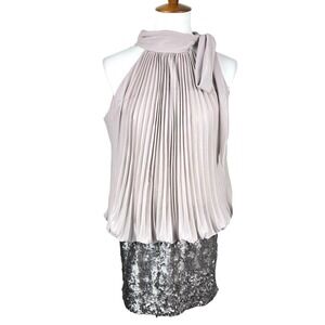 NWT Cache Taupe Pleated Halter Neck Sequin Embellished Dress Size M